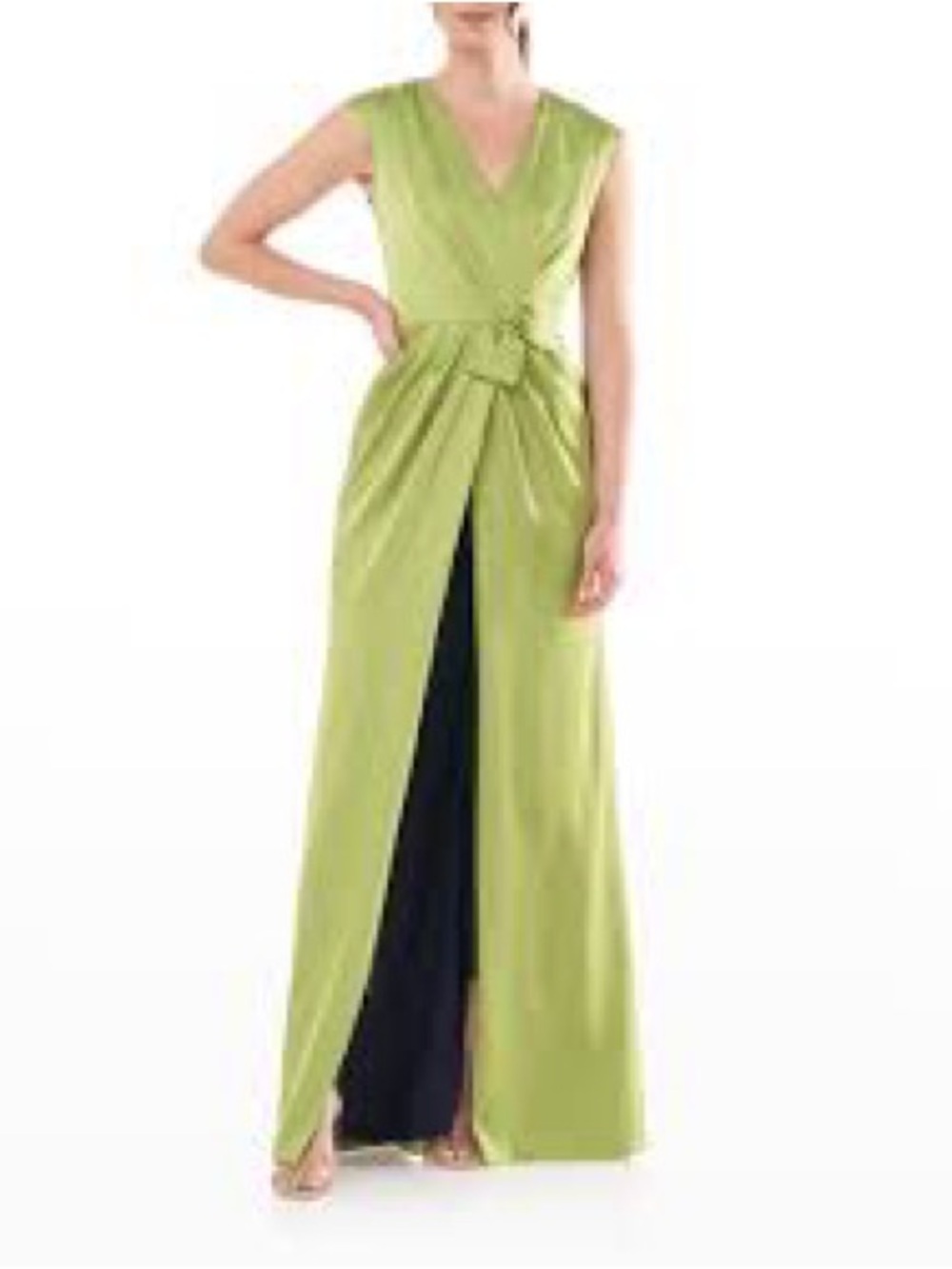 Kay Unger Lime Green V-Neck Draped Waist Dress